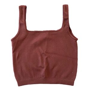 BROWN SEAMLESS RIBBED KNIT CROPPED SQUARE NECK TANK TOP SIZE SMALL